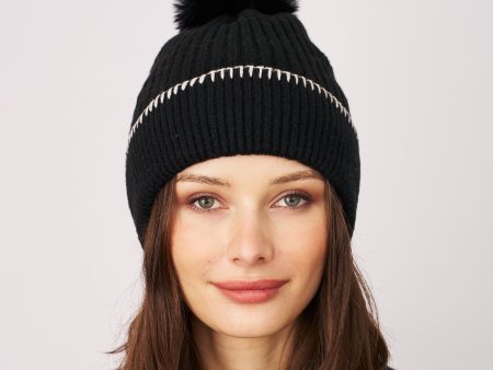 RIBBED POMPOM BEANIE - BLACK IVORY Online Hot Sale