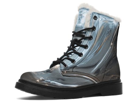 Aged Chrome Winter Boots - Warm Micro-Suede Doc-Style Boots Lined with Vegan Wool For Sale