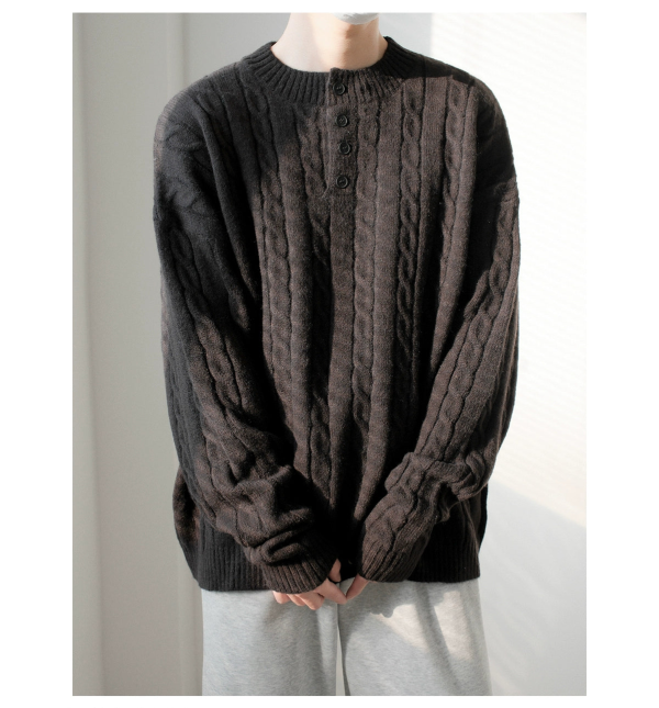 Button Neck Cable Knit Sweater Discount