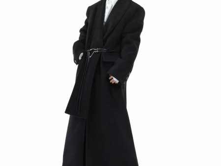 Deconstructed Woolen Long Coat with Metal Strap Cheap