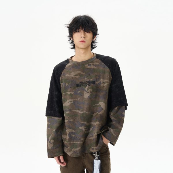 Camouflage Patchwork Long-Sleeve Pullover For Cheap