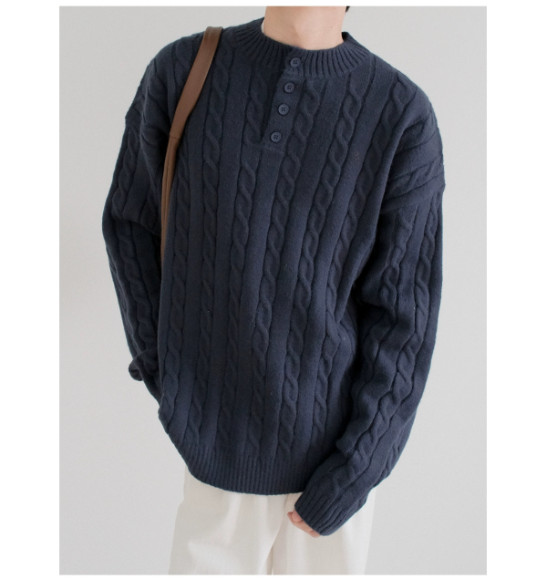 Button Neck Cable Knit Sweater Discount