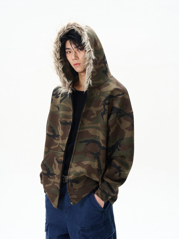 Camouflage Fur Collar Hooded Sweatshirt Online Hot Sale