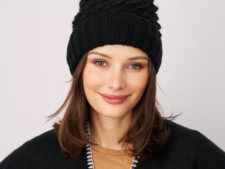 TURN UP POMPOM HAT - BLACK For Sale