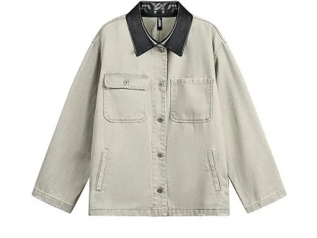 Canvas Workwear Jacket with Leather Collar on Sale