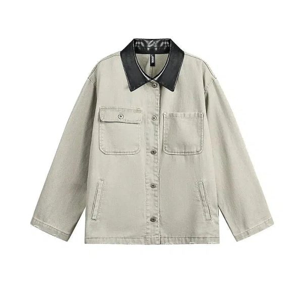 Canvas Workwear Jacket with Leather Collar on Sale