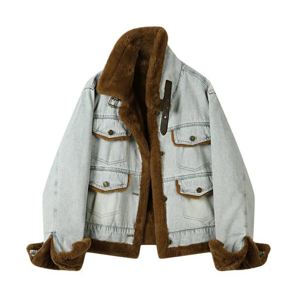 Buckle Collar Faux Fur Lined Denim Coat Online