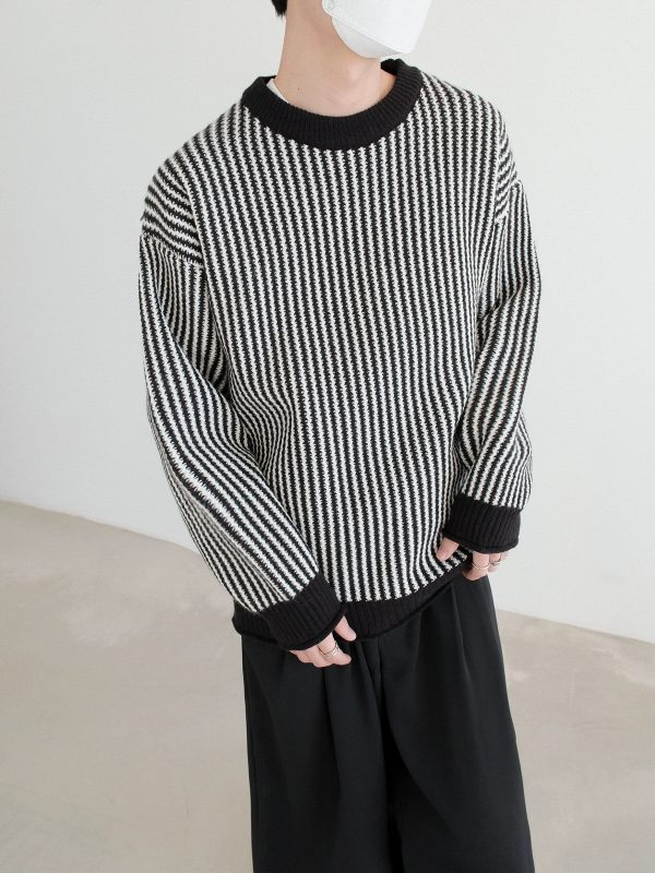 Contrast Collar Striped Knit Sweater on Sale