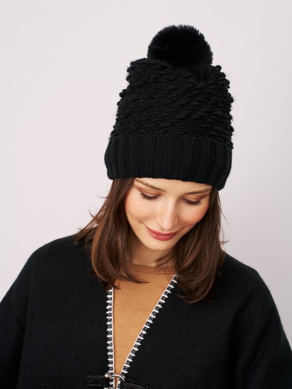 TURN UP POMPOM HAT - BLACK For Sale