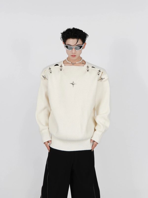 Buckle Hollow Knitted Sweater Discount