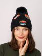 RIBBED POMPOM BEANIE WITH LAKE TAHOE PATCH - BLACK on Sale