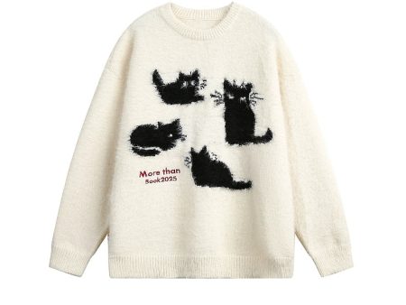 Cat Mohair Round Neck Knit Sweater Cheap