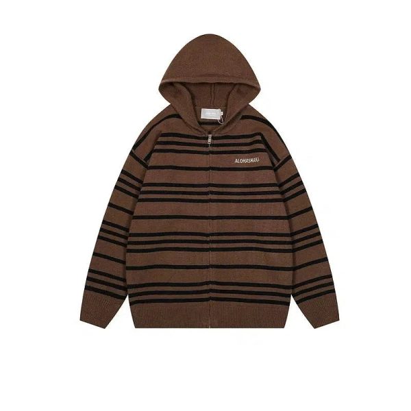 Hooded Striped Zip-Up Knit Sweater Online Hot Sale