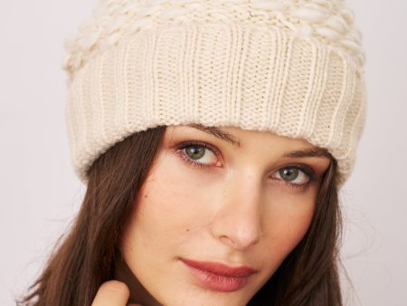 TURN UP POMPOM HAT - CREAM Online Hot Sale