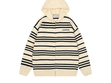 Hooded Striped Zip-Up Knit Sweater Online Hot Sale