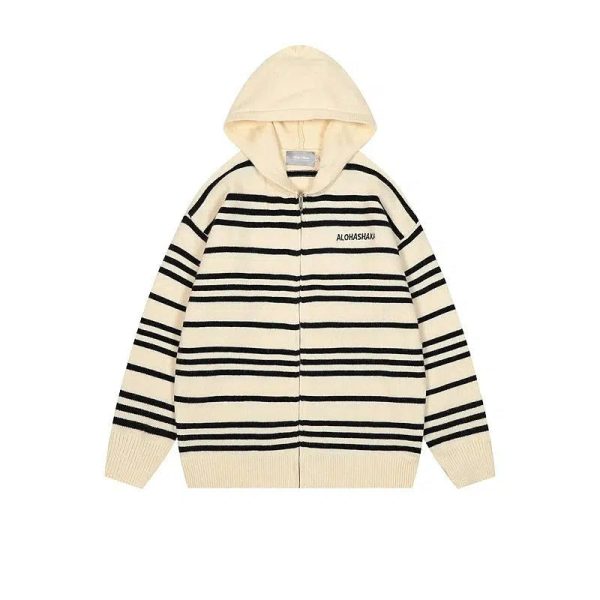 Hooded Striped Zip-Up Knit Sweater Online Hot Sale