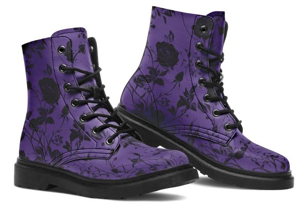 Amethyst Rose Romance Boots - Vegan Leather Doc-Style Boots with Durable Stitched on Soles Fashion