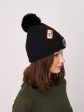 RIBBED POMPOM BEANIE WITH LAKE TAHOE PATCH - BLACK on Sale