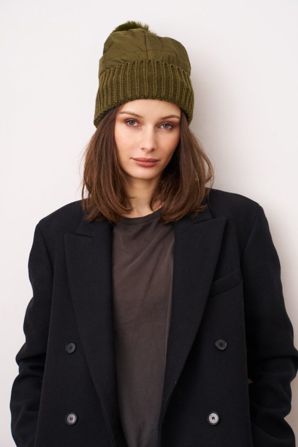 PUFFER POMPOM HAT - OLIVE Sale