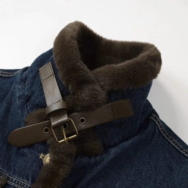 Buckle Collar Faux Fur Lined Denim Coat Online