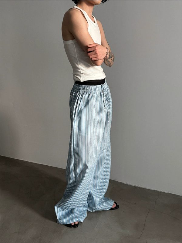 Blue Striped Wide Leg Pajama Pants For Cheap