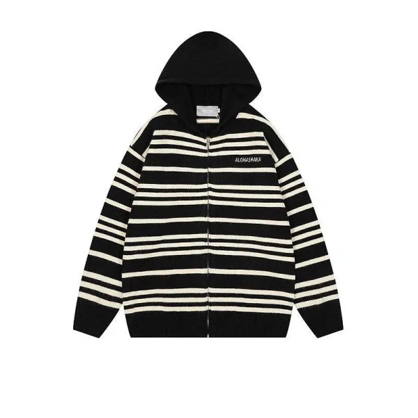 Hooded Striped Zip-Up Knit Sweater Online Hot Sale