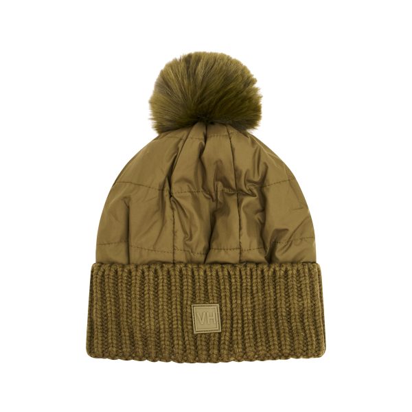 PUFFER POMPOM HAT - OLIVE Sale