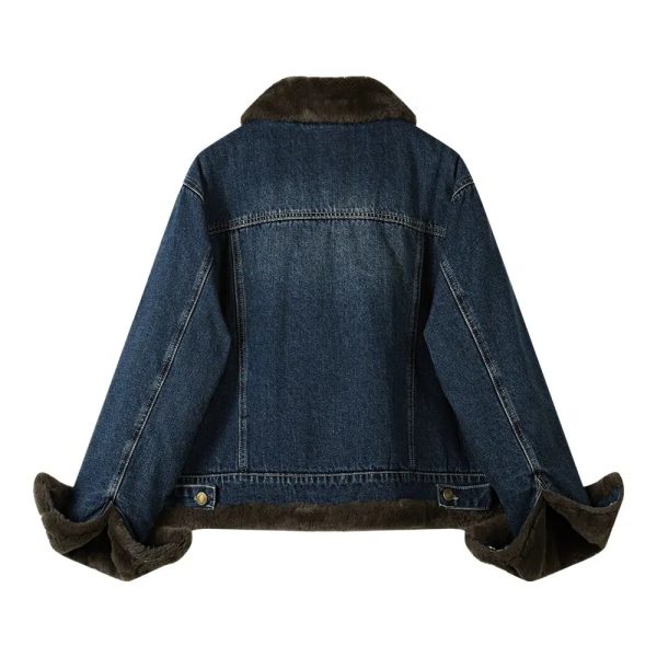 Buckle Collar Faux Fur Lined Denim Coat Online