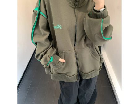 Contrast Trim Oversized Zip-Up Coat For Sale