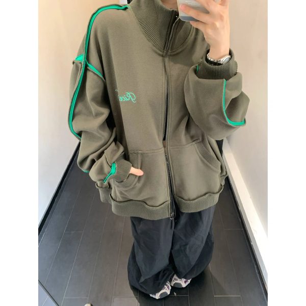 Contrast Trim Oversized Zip-Up Coat For Sale