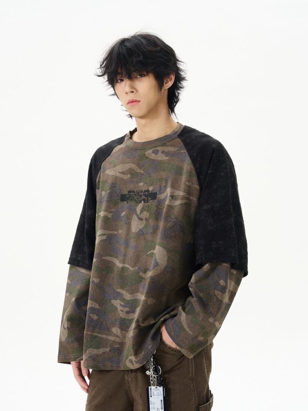 Camouflage Patchwork Long-Sleeve Pullover For Cheap