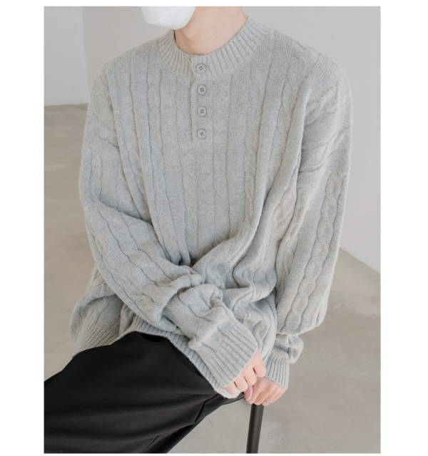 Button Neck Cable Knit Sweater Discount