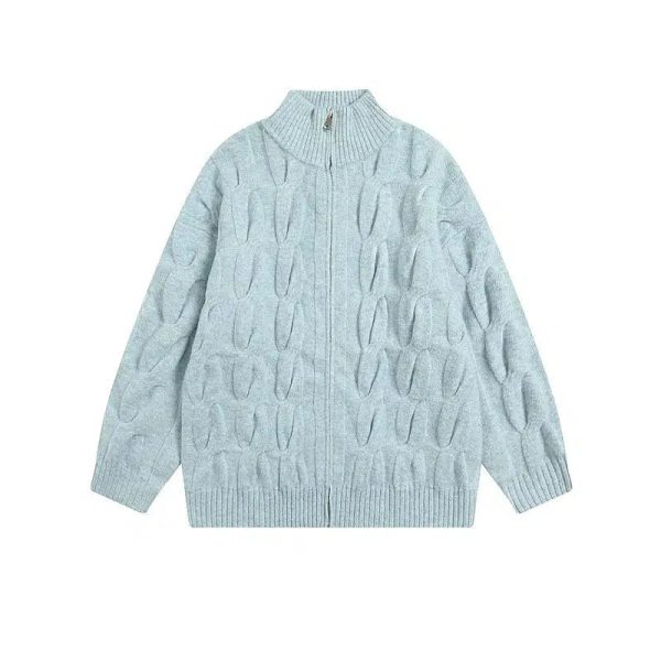 Zip-Up Textured Knit Sweater For Sale