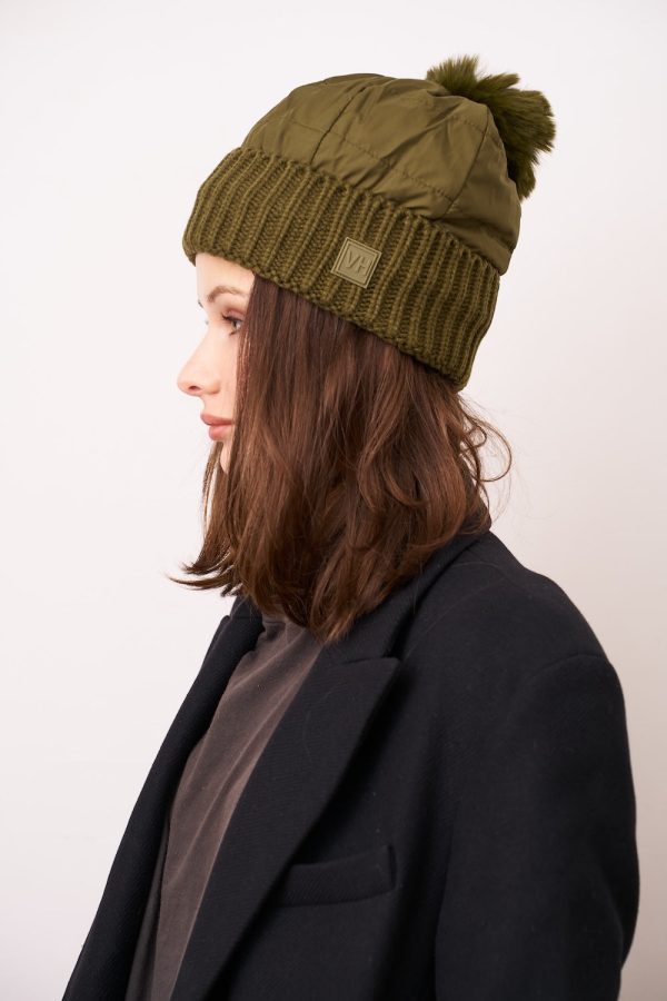 PUFFER POMPOM HAT - OLIVE Sale