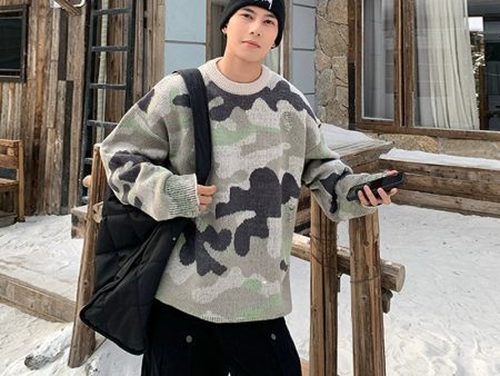 Camouflage Knit Round Neck Sweater Online Hot Sale