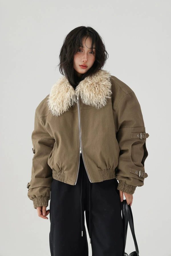 Buckle Accents Shearling Collar Jacket For Sale