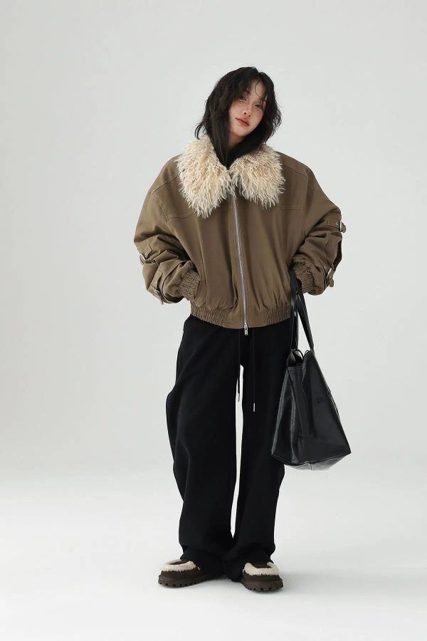 Buckle Accents Shearling Collar Jacket For Sale