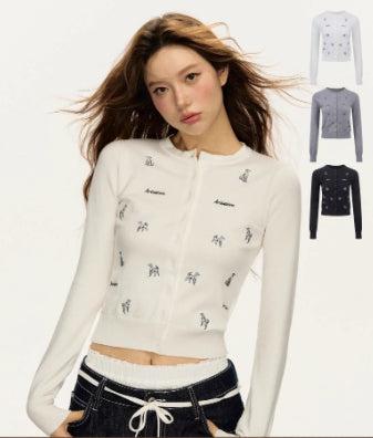 Button Front Embroidered Knit Sweater Fashion