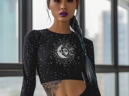 Astral Long Sleeve Crop Top - Cute Black Cropped Tee with UPF 50+ Protection, Pagan Gothic Sportwear, Witchy Grunge Activewear Online Hot Sale