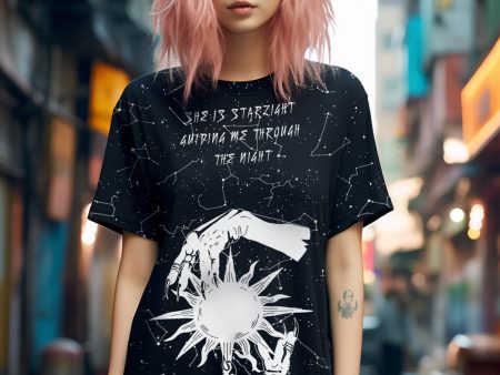 Starlight Tee Dress - Vegan Oversized T-shirt Witchy Alt Style Occult Grunge Aesthetic Unisex Goth Black Dress For Discount