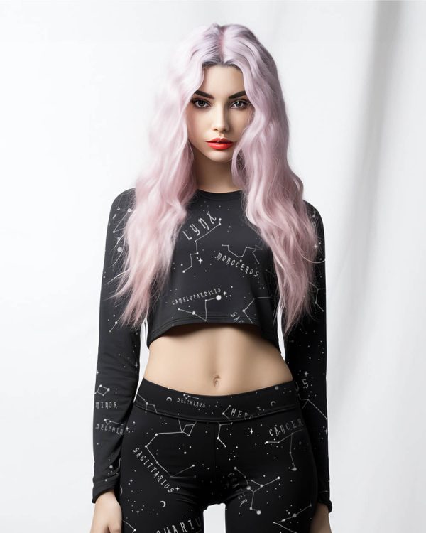 Stellar Long Sleeve Crop Top - Cute Witchy Constellations Top Pagan Gothic Style Leisurewear UPF 50+ Protection Hot on Sale