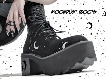 MoonDust Platform Heel Boots - Luxurious Quality Vegan Suede Goth Shoes with Moons & Stars, Witchy Alt Style, Occult Grunge Aesthetic, Soft Memory foam inner panels Supply